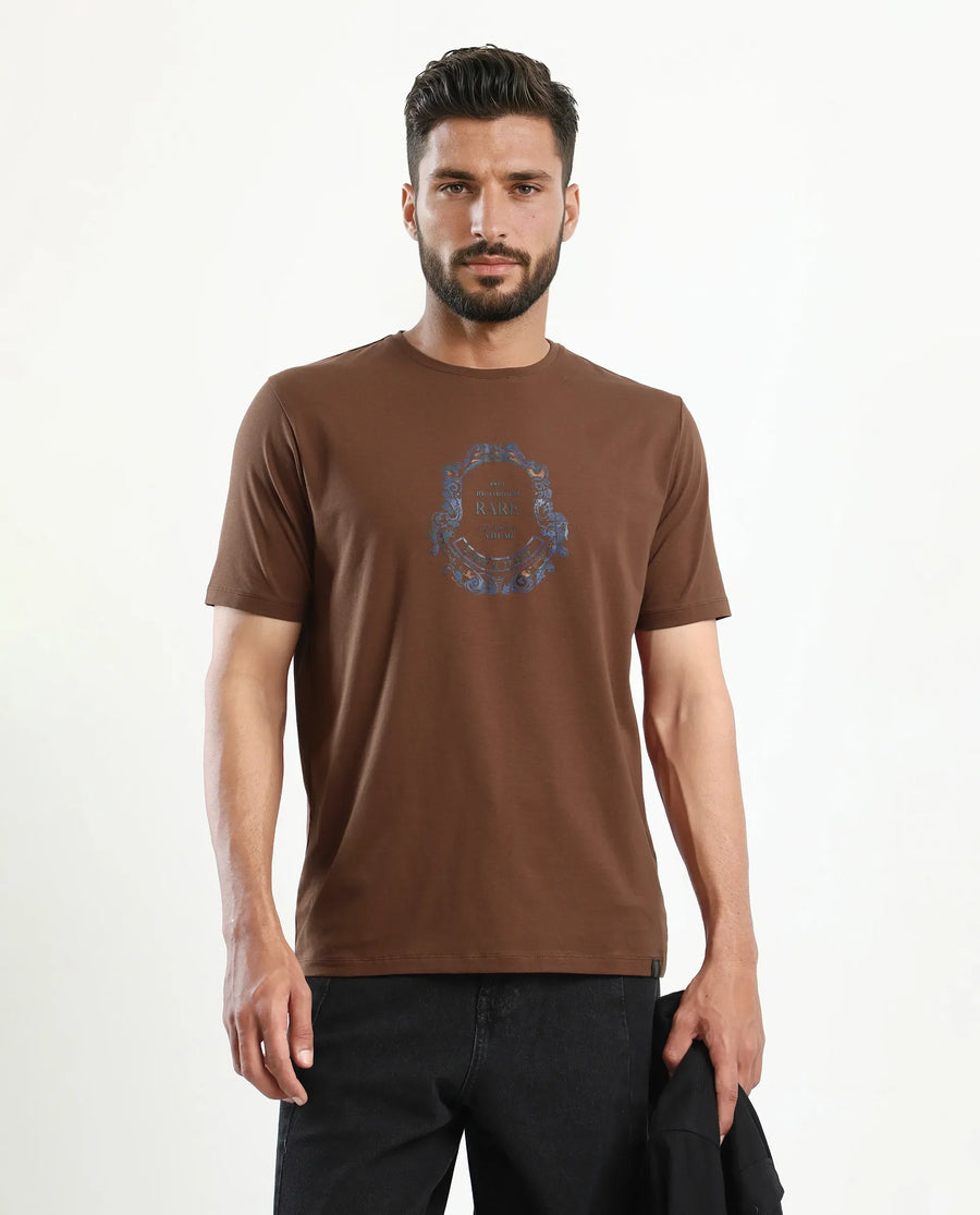 Rare Rabbit Men's Olen Brown Cotton Blend Graphic Print Regular Fit Half Sleeve Crew Neck T-Shirt