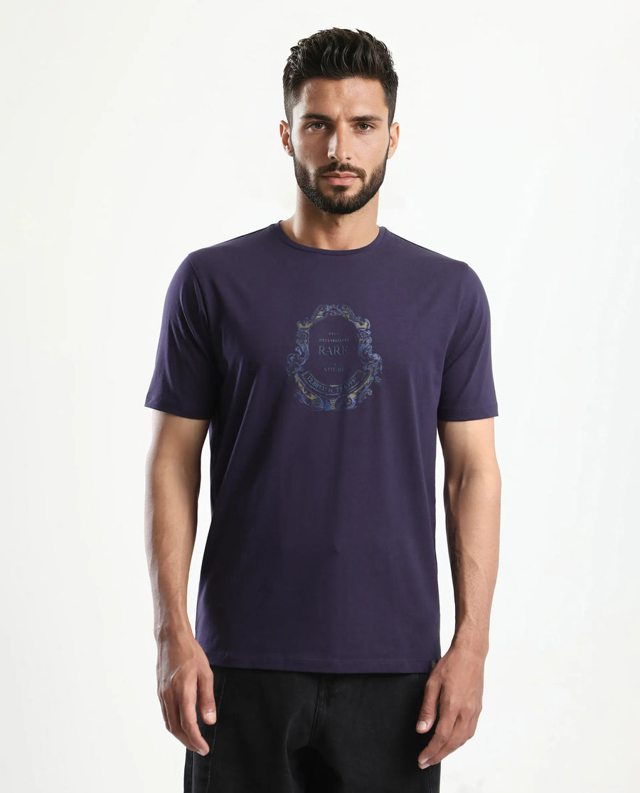 Rare Rabbit Men's Olen Dark Purple Cotton Blend Graphic Print Regular Fit Half Sleeve Crew Neck T-Shirt