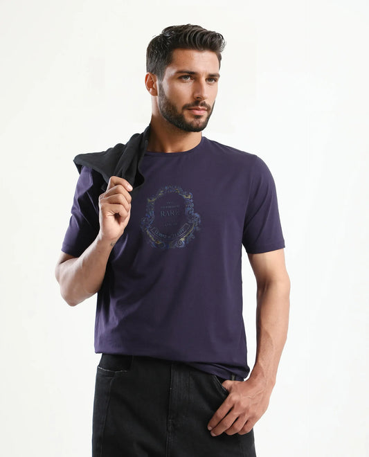 Rare Rabbit Men's Olen Dark Purple Cotton Blend Graphic Print Regular Fit Half Sleeve Crew Neck T-Shirt