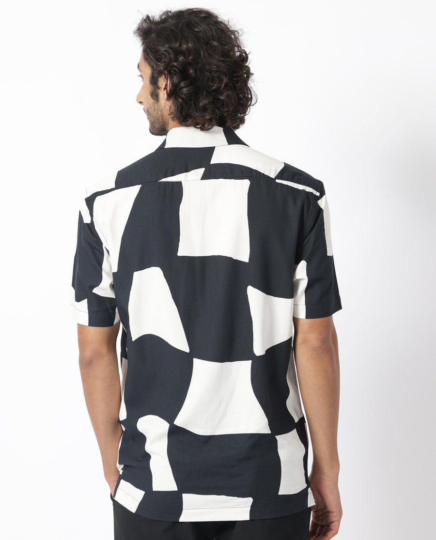 Rare Rabbit Men's Olivar Black Viscose Abstract Print Regular Fit Half Sleeve Cuban Collar Shirt