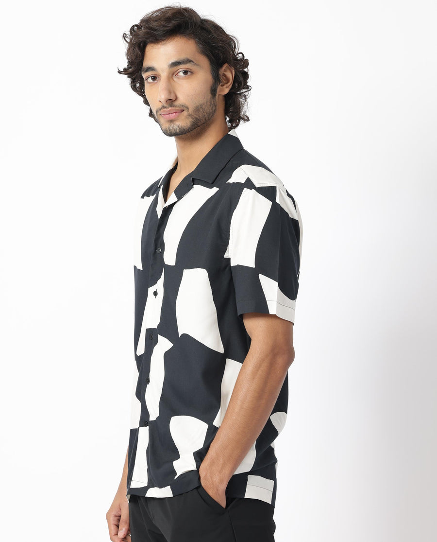Rare Rabbit Men's Olivar Black Viscose Abstract Print Regular Fit Half Sleeve Cuban Collar Shirt