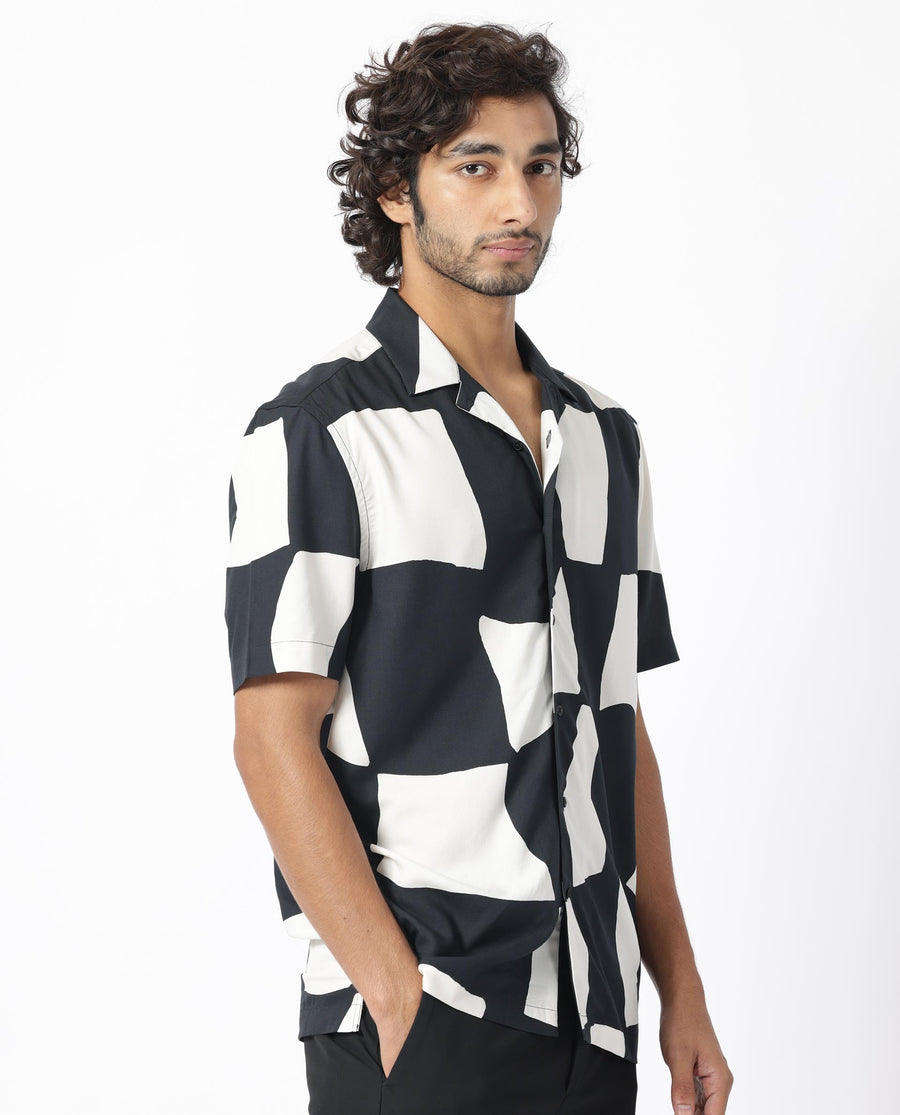 Rare Rabbit Men's Olivar Black Viscose Abstract Print Regular Fit Half Sleeve Cuban Collar Shirt