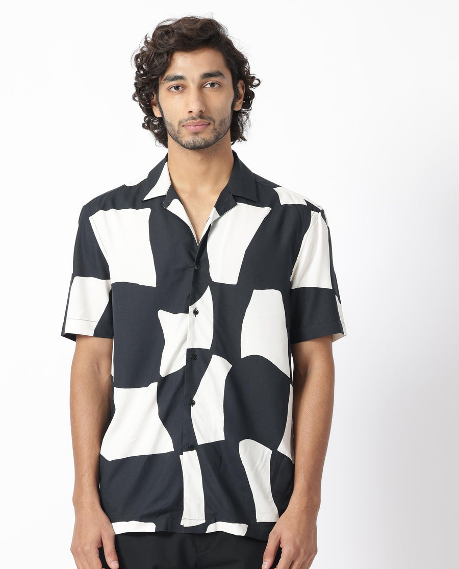 Rare Rabbit Men's Olivar Black Viscose Abstract Print Regular Fit Half Sleeve Cuban Collar Shirt