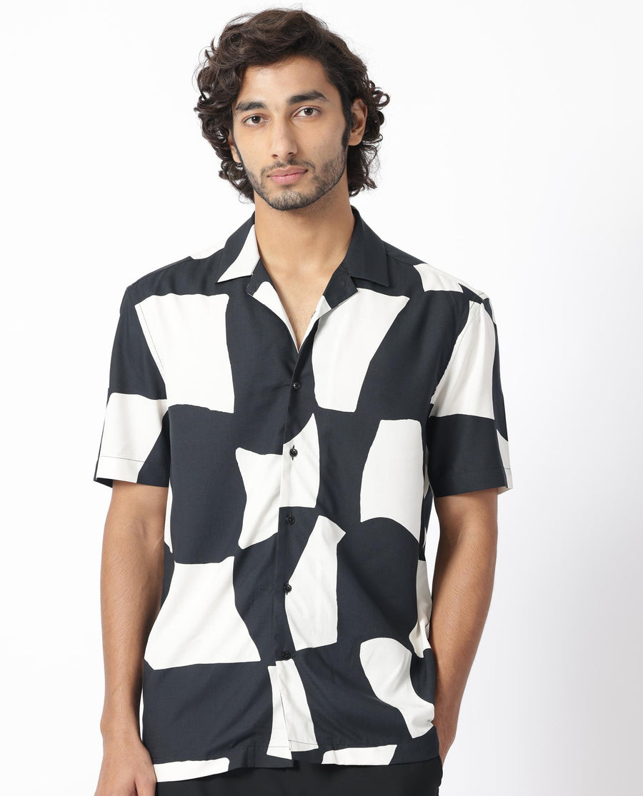 Rare Rabbit Men's Olivar Black Viscose Abstract Print Regular Fit Half Sleeve Cuban Collar Shirt
