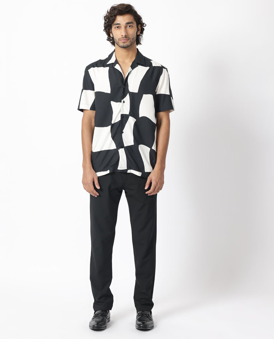 Rare Rabbit Men's Olivar Black Viscose Abstract Print Regular Fit Half Sleeve Cuban Collar Shirt
