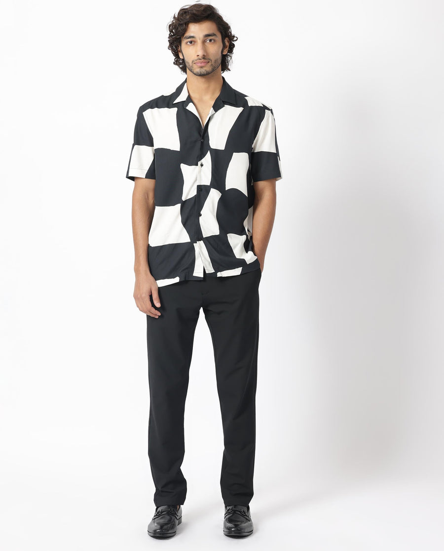 Rare Rabbit Men's Olivar Black Viscose Abstract Print Regular Fit Half Sleeve Cuban Collar Shirt