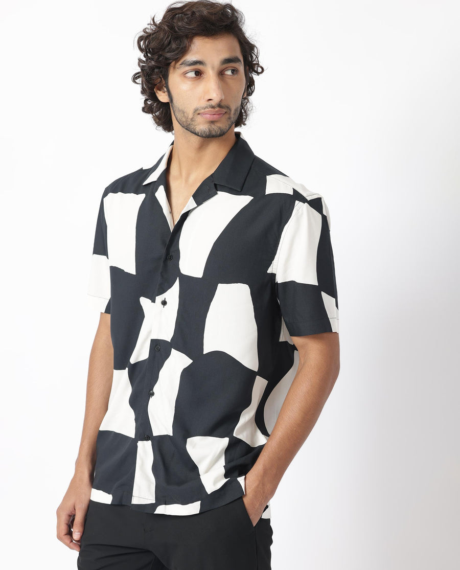 Rare Rabbit Men's Olivar Black Viscose Abstract Print Regular Fit Half Sleeve Cuban Collar Shirt