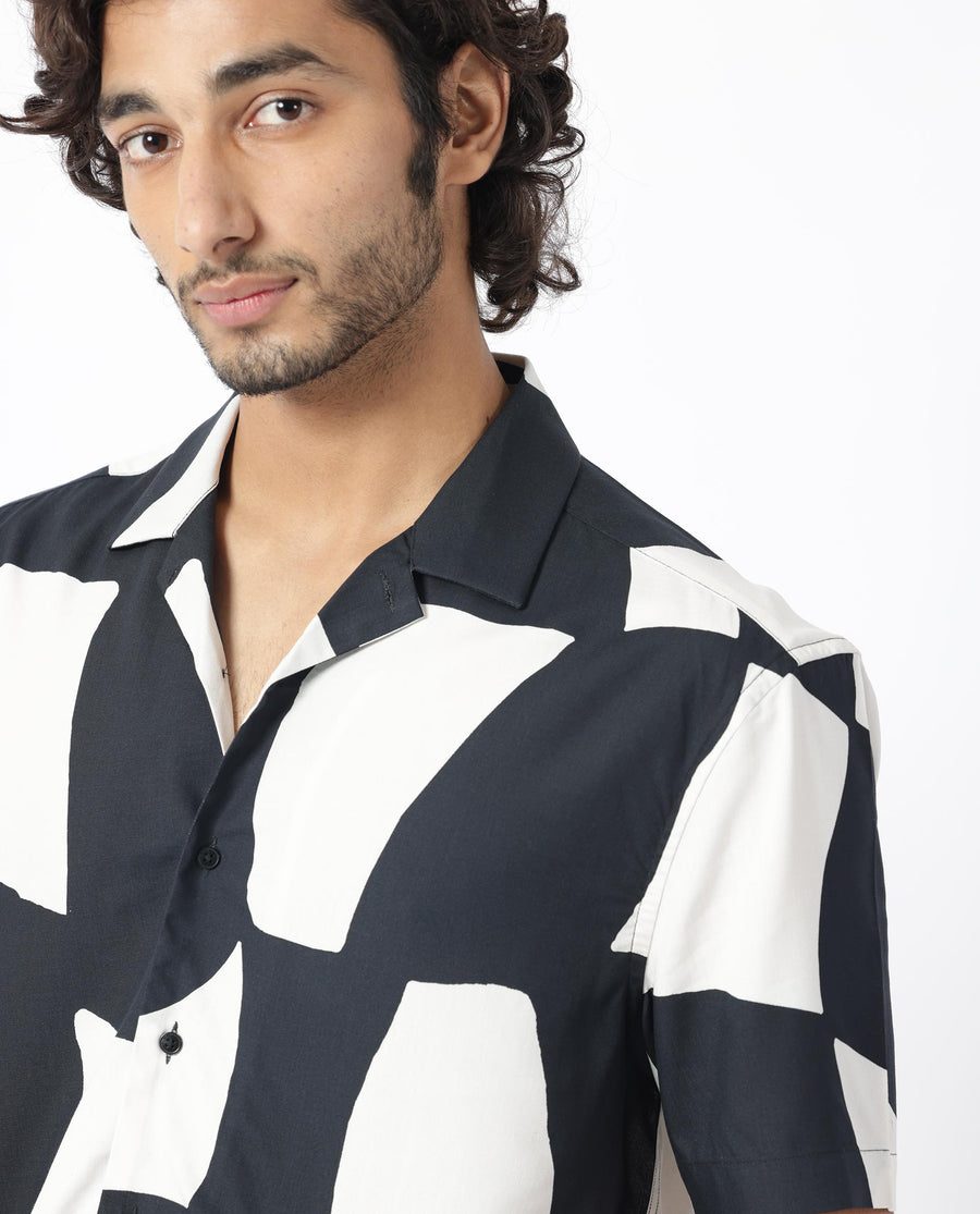 Rare Rabbit Men's Olivar Black Viscose Abstract Print Regular Fit Half Sleeve Cuban Collar Shirt