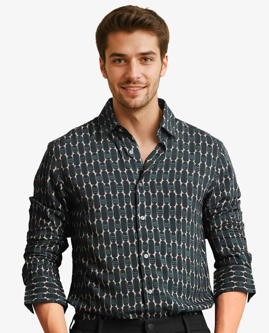 Rare Rabbit Men's Oliver Green Viscose Geometric Print Regular Fit Full Sleeve Collared Shirt
