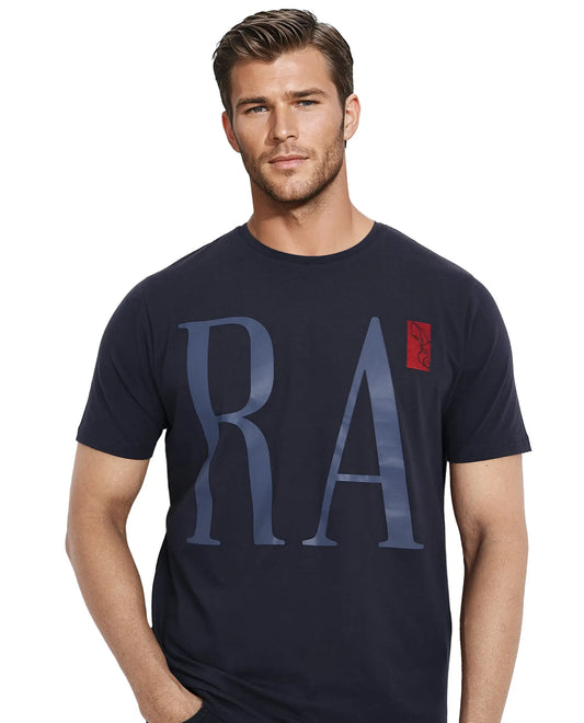 Rare Rabbit Men's Olivo Navy Cotton Graphic Print Regular Fit Half Sleeve Crew Neck T-Shirt