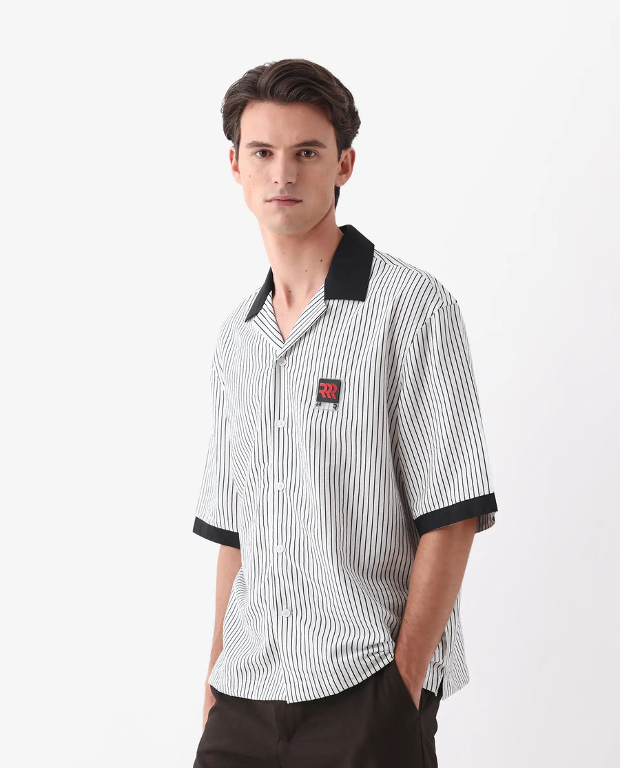 Rare Rabbit Men's Ollie White Viscose Blend Striped Print Boxy Fit Half Sleeve Cuban Collar Shirt