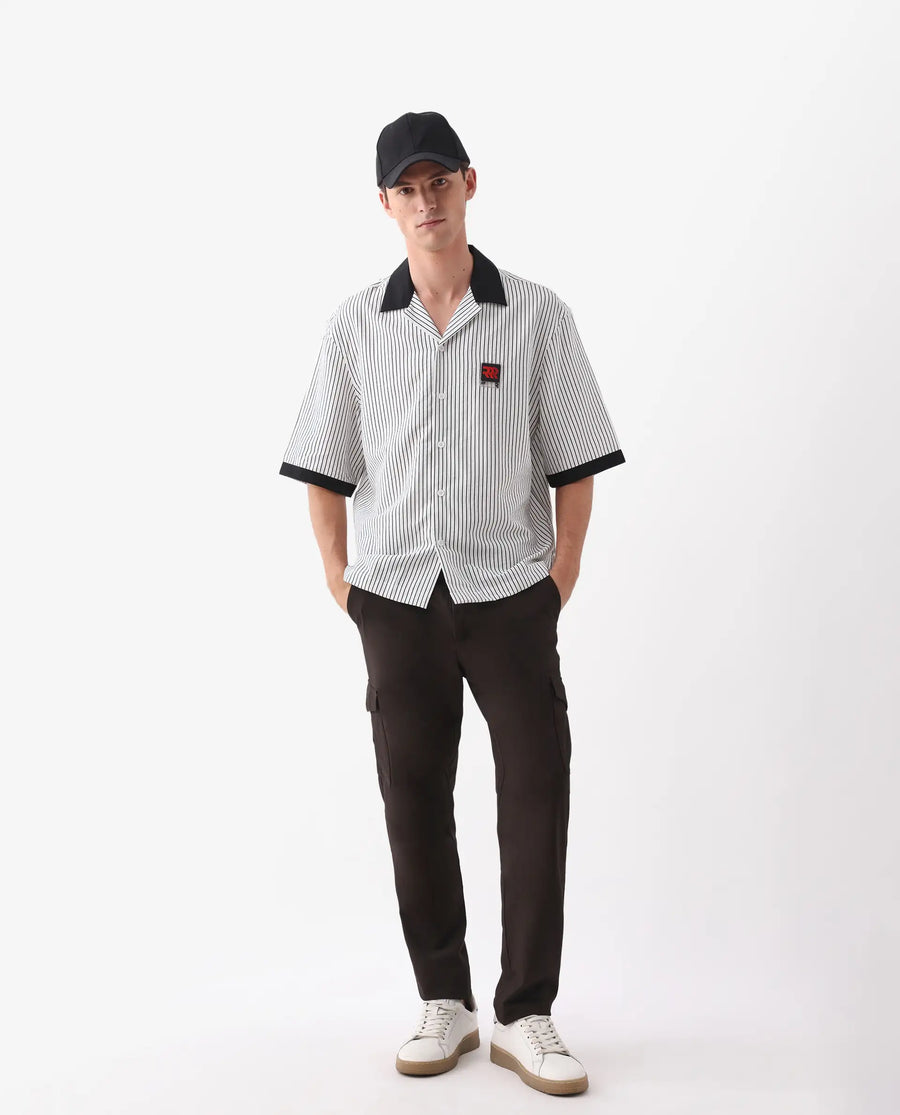 Rare Rabbit Men's Ollie White Viscose Blend Striped Print Boxy Fit Half Sleeve Cuban Collar Shirt