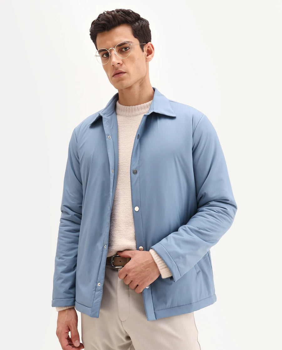 Rare Rabbit Men's Olva Dusky Blue Polyester Fabric Collared Neck Regular Plain Jacket