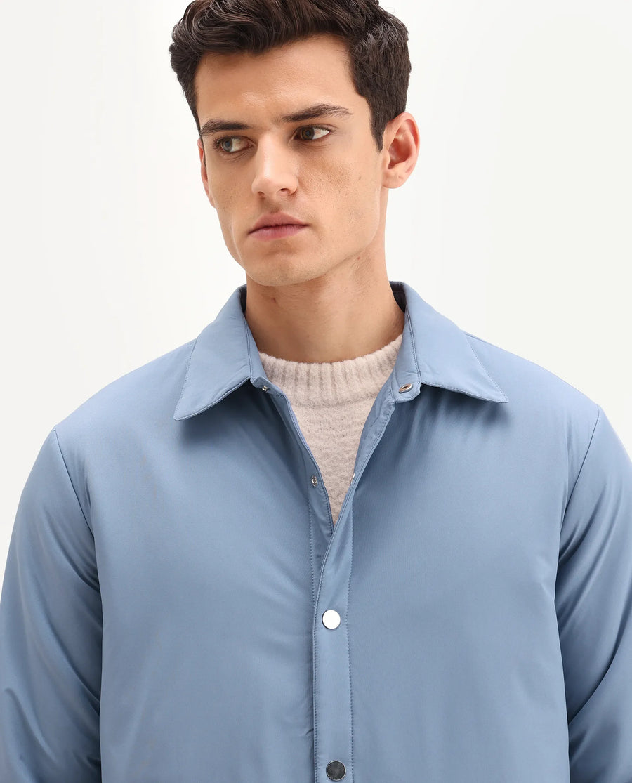 Rare Rabbit Men's Olva Dusky Blue Polyester Fabric Collared Neck Regular Plain Jacket