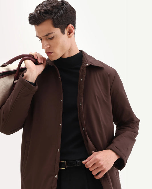 Rare Rabbit Men's Olva Maroon Polyester Fabric Collared Neck Regular Plain Jacket
