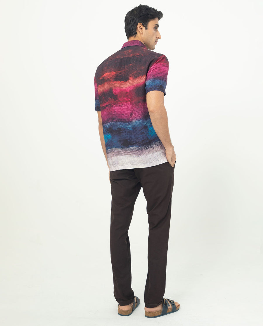 Rare Rabbit Men's Ombren Ss Black Viscose Ombre Regular Fit Half Sleeve Collared Shirt
