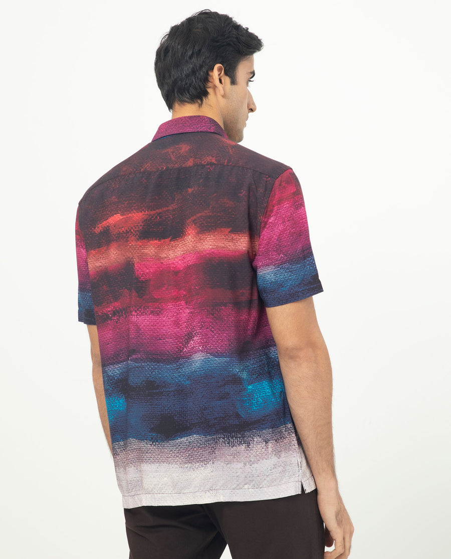 Rare Rabbit Men's Ombren Ss Black Viscose Ombre Regular Fit Half Sleeve Collared Shirt