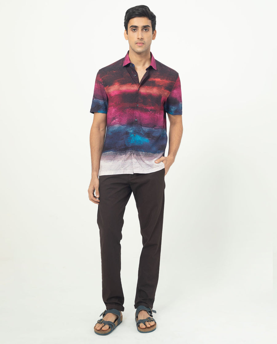 Rare Rabbit Men's Ombren Ss Black Viscose Ombre Regular Fit Half Sleeve Collared Shirt