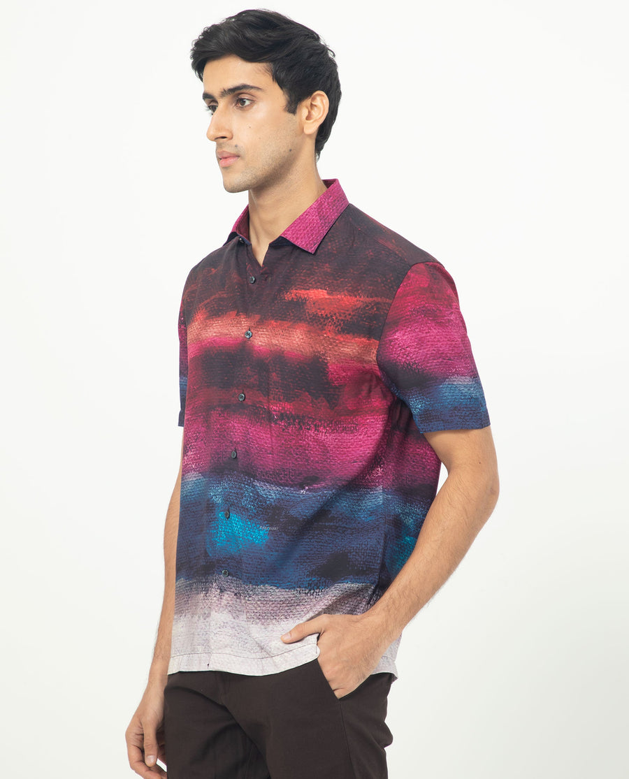 Rare Rabbit Men's Ombren Ss Black Viscose Ombre Regular Fit Half Sleeve Collared Shirt