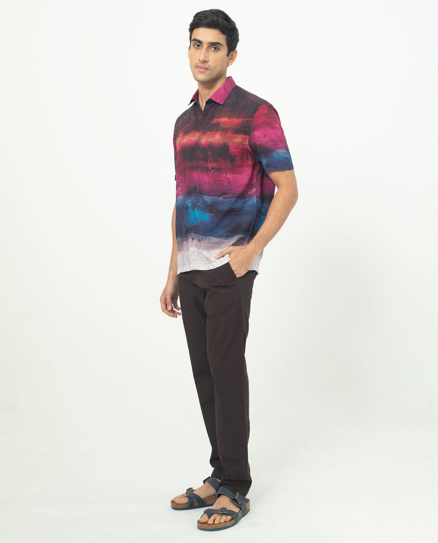 Rare Rabbit Men's Ombren Ss Black Viscose Ombre Regular Fit Half Sleeve Collared Shirt