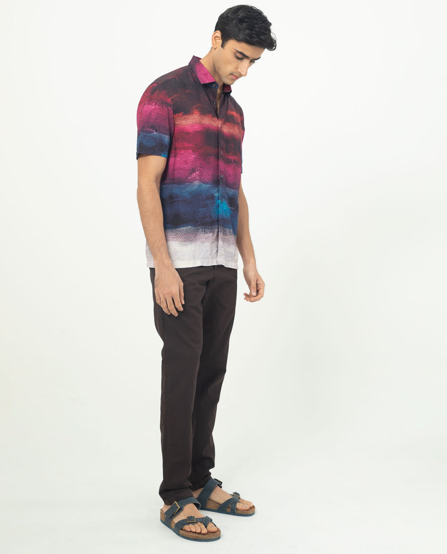 Rare Rabbit Men's Ombren Ss Black Viscose Ombre Regular Fit Half Sleeve Collared Shirt