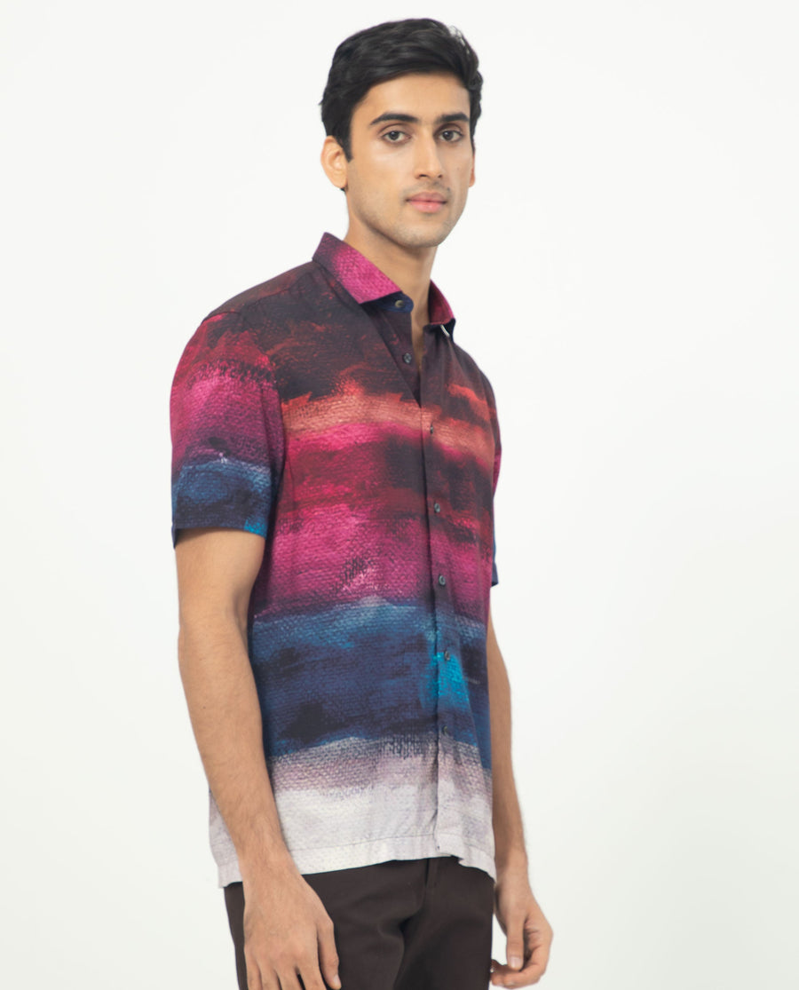 Rare Rabbit Men's Ombren Ss Black Viscose Ombre Regular Fit Half Sleeve Collared Shirt