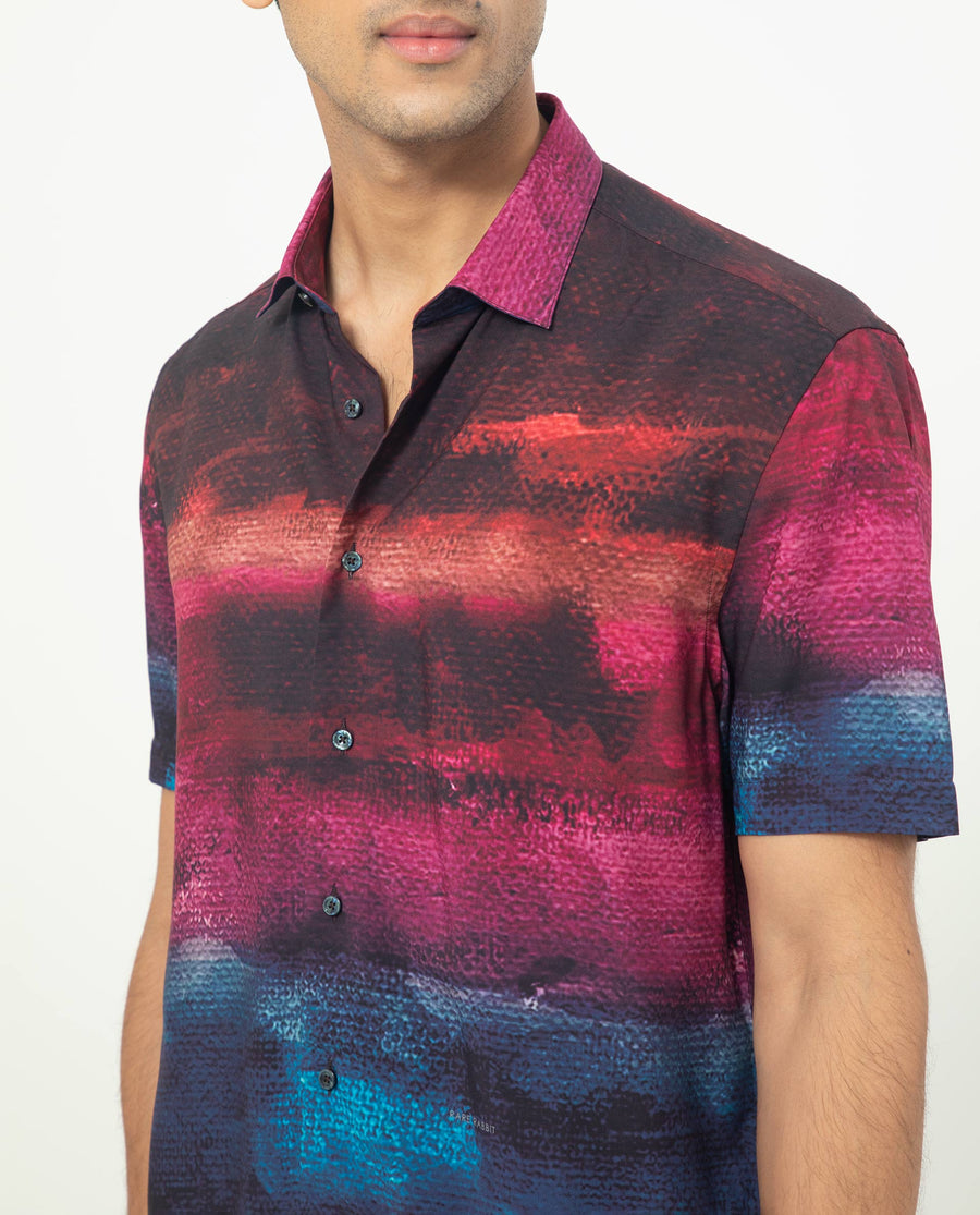 Rare Rabbit Men's Ombren Ss Black Viscose Ombre Regular Fit Half Sleeve Collared Shirt