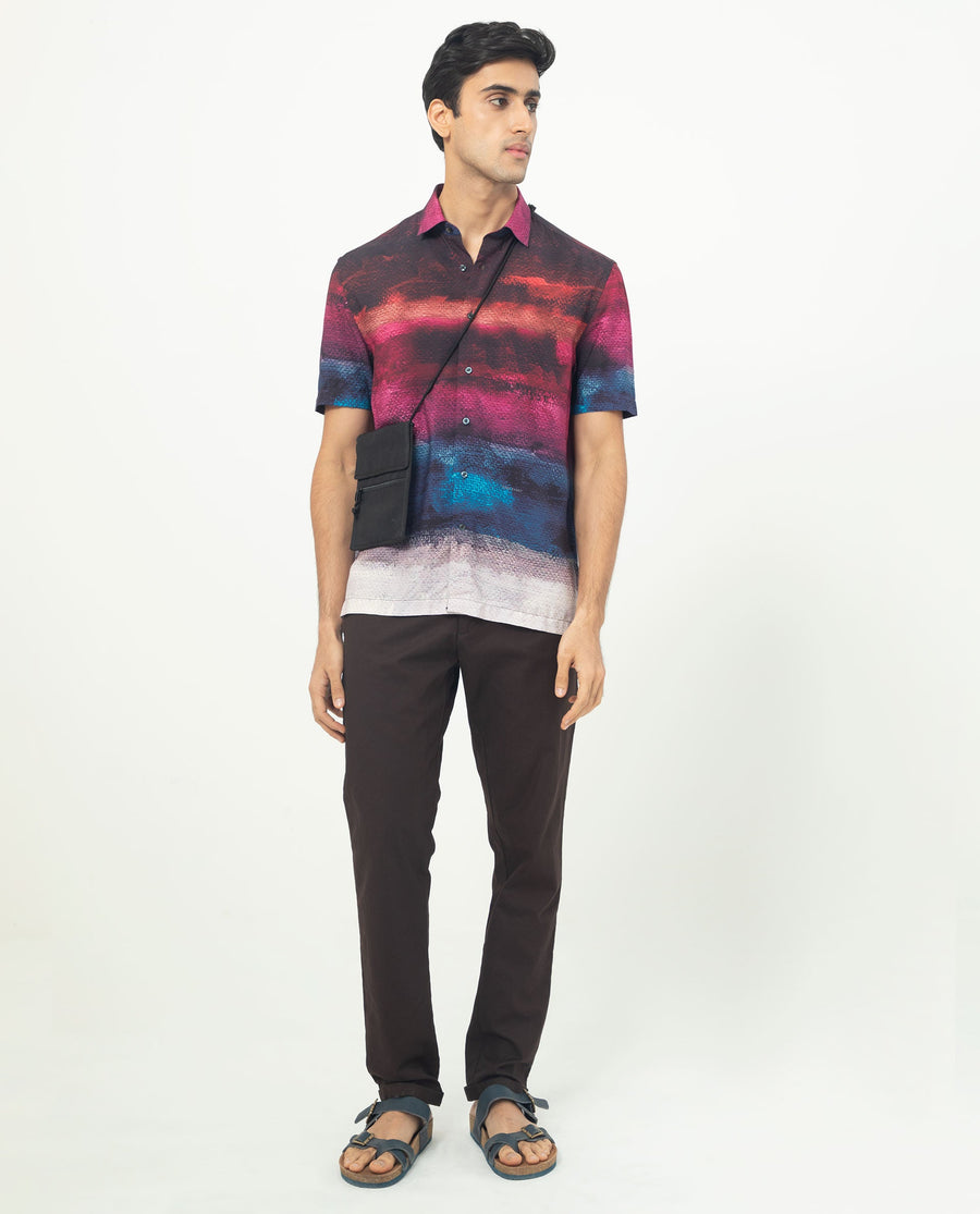 Rare Rabbit Men's Ombren Ss Black Viscose Ombre Regular Fit Half Sleeve Collared Shirt