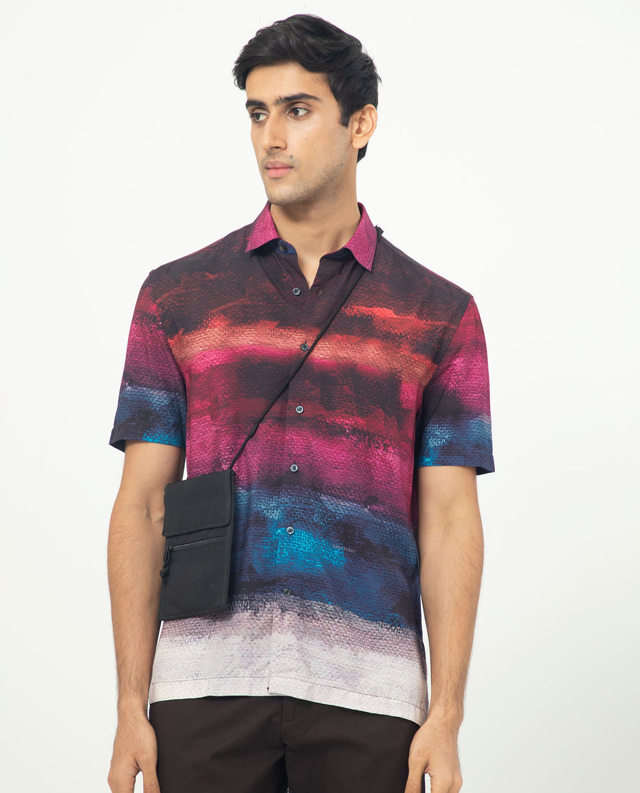 Rare Rabbit Men's Ombren Ss Black Viscose Ombre Regular Fit Half Sleeve Collared Shirt