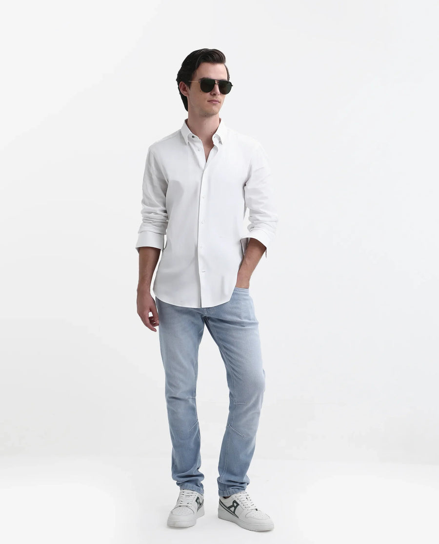 Rare Rabbit Men's Omir-1 Light Blue Cotton Blend Plain Morris Regular Fit Jeans
