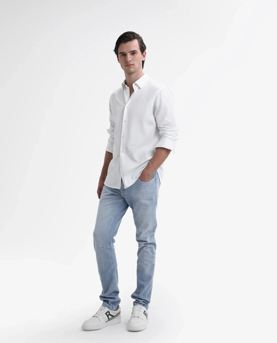 Rare Rabbit Men's Omir-1 Light Blue Cotton Blend Plain Morris Regular Fit Jeans