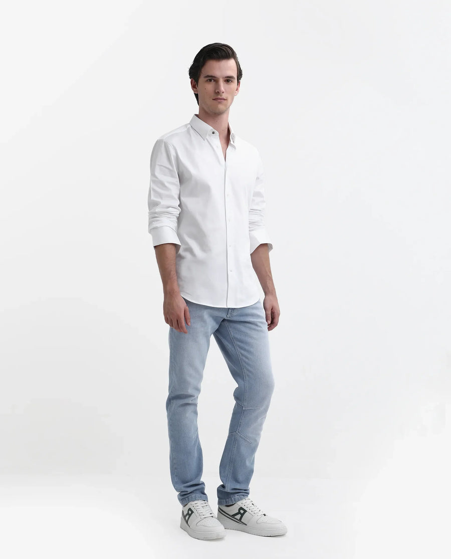 Rare Rabbit Men's Omir-1 Light Blue Cotton Blend Plain Morris Regular Fit Jeans