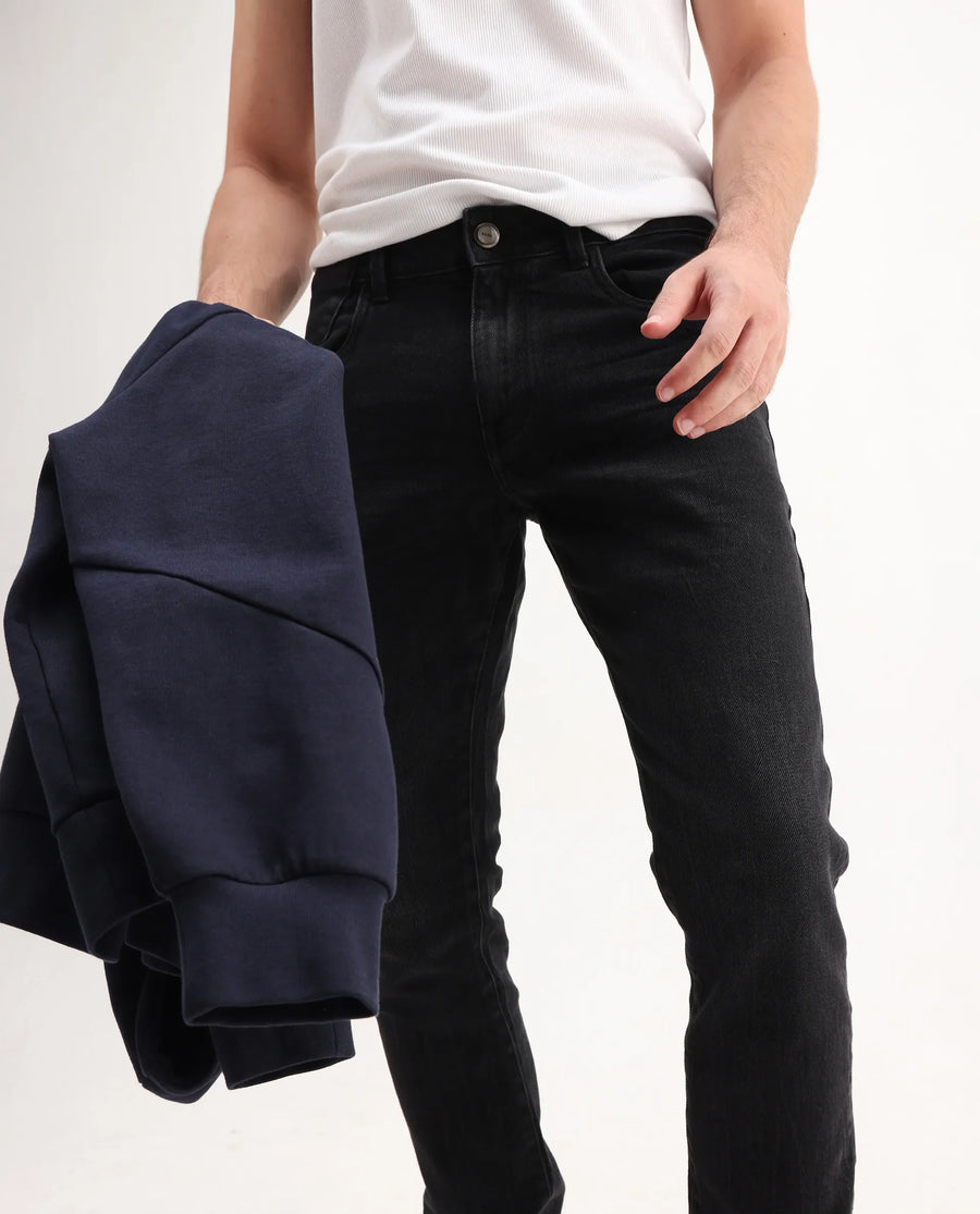 Rare Rabbit Men's Omiros Black Cotton Blend Plain Hawk Slim Fit Jeans