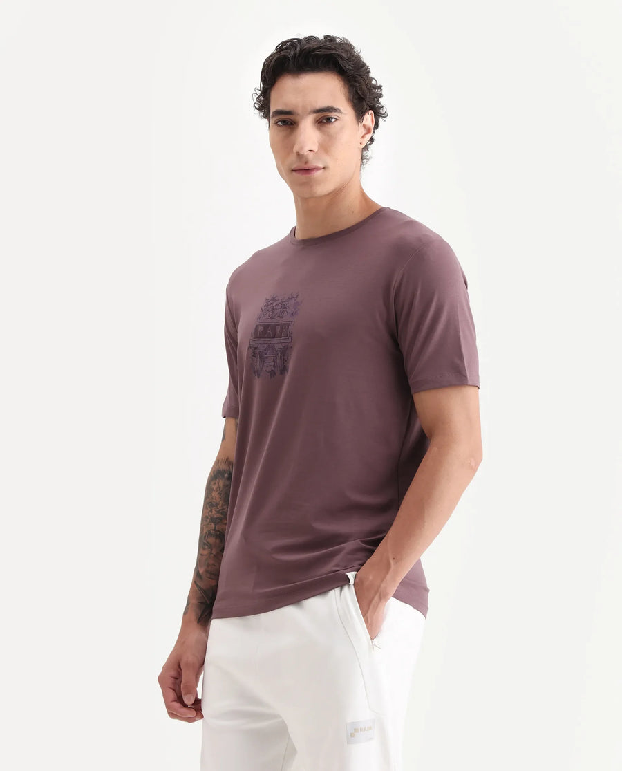 Rare Rabbit Men's Onic Dusky Pink Cotton Blend Graphic Print Regular Fit Half Sleeve Crew Neck T-Shirt