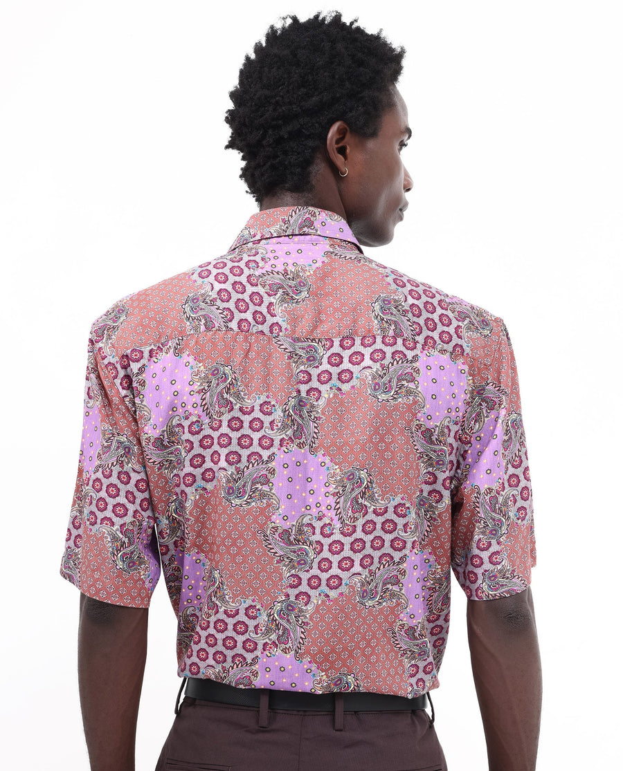 Rare Rabbit Men's Onslo Ss Brown Viscose Tropical Print Boxy Fit Half Sleeve Collared Shirt