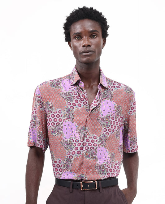 Rare Rabbit Men's Onslo Ss Brown Viscose Tropical Print Boxy Fit Half Sleeve Collared Shirt