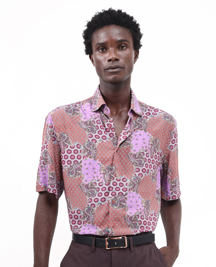 Rare Rabbit Men's Onslo Ss Brown Viscose Tropical Print Boxy Fit Half Sleeve Collared Shirt