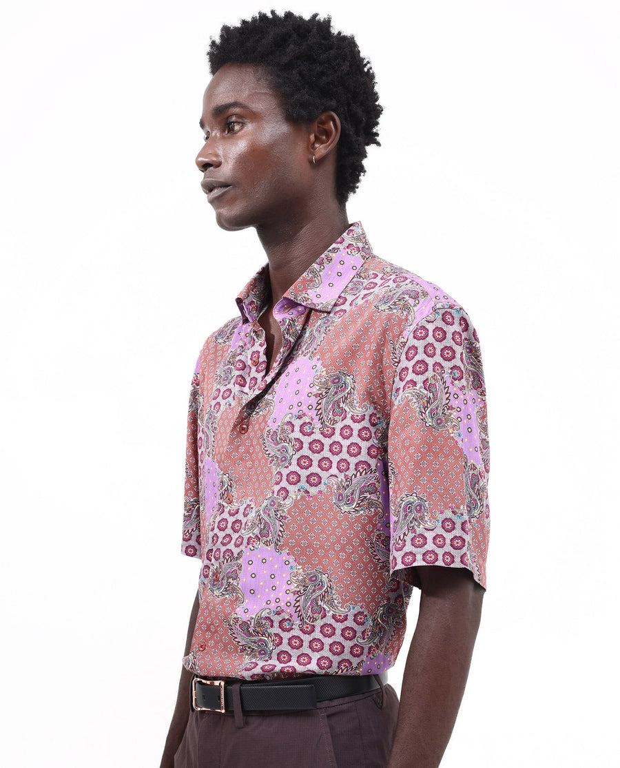 Rare Rabbit Men's Onslo Ss Brown Viscose Tropical Print Boxy Fit Half Sleeve Collared Shirt