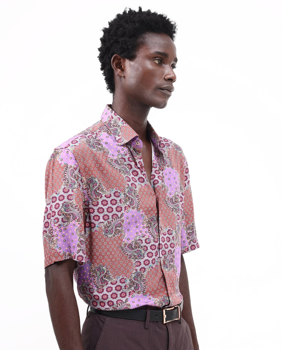 Rare Rabbit Men's Onslo Ss Brown Viscose Tropical Print Boxy Fit Half Sleeve Collared Shirt