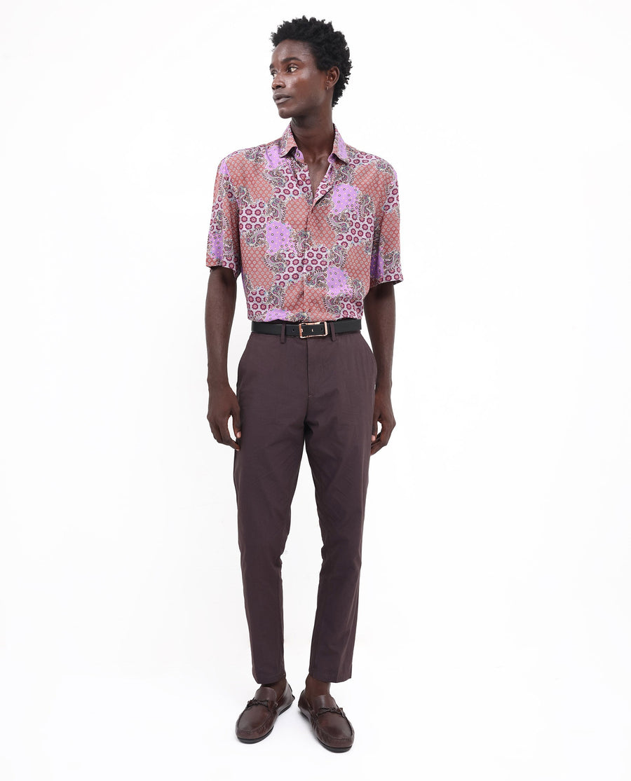 Rare Rabbit Men's Onslo Ss Brown Viscose Tropical Print Boxy Fit Half Sleeve Collared Shirt