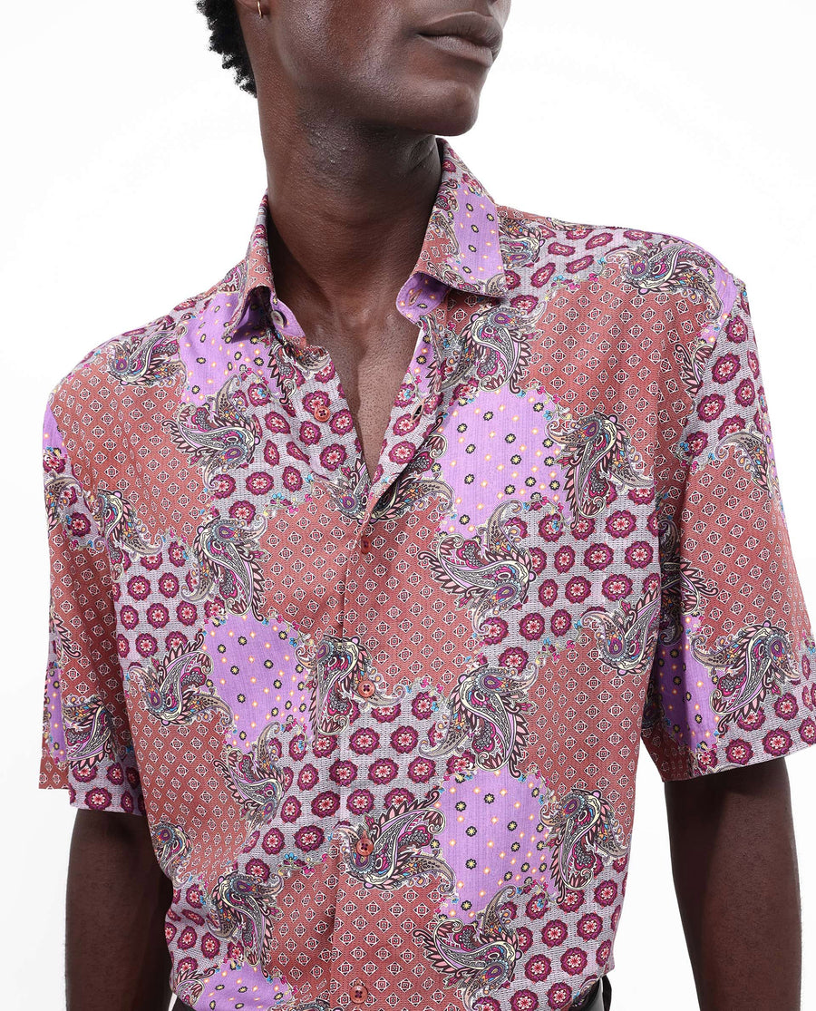Rare Rabbit Men's Onslo Ss Brown Viscose Tropical Print Boxy Fit Half Sleeve Collared Shirt