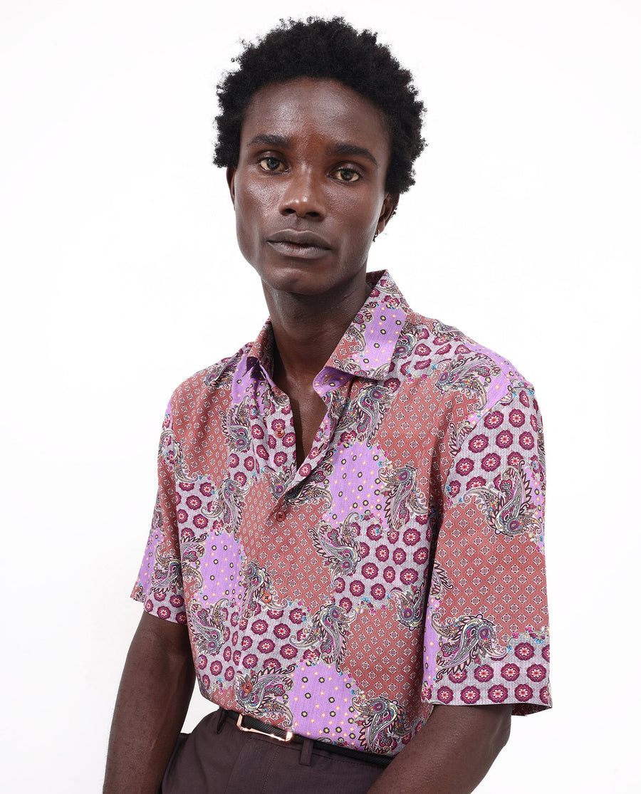 Rare Rabbit Men's Onslo Ss Brown Viscose Tropical Print Boxy Fit Half Sleeve Collared Shirt