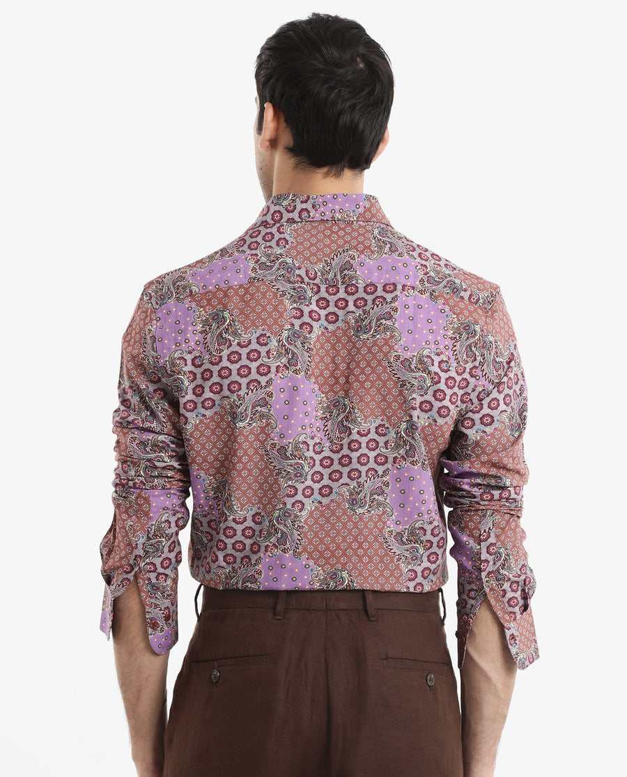 Rare Rabbit Men's Onslo Ls Brown Viscose Tropical Print Regular Fit Full Sleeve Collared Shirt