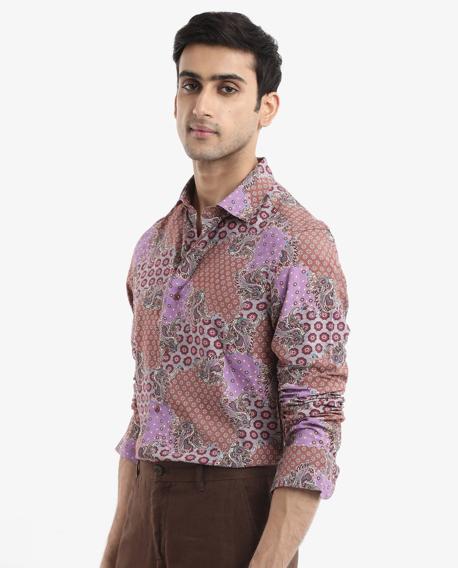 Rare Rabbit Men's Onslo Ls Brown Viscose Tropical Print Regular Fit Full Sleeve Collared Shirt
