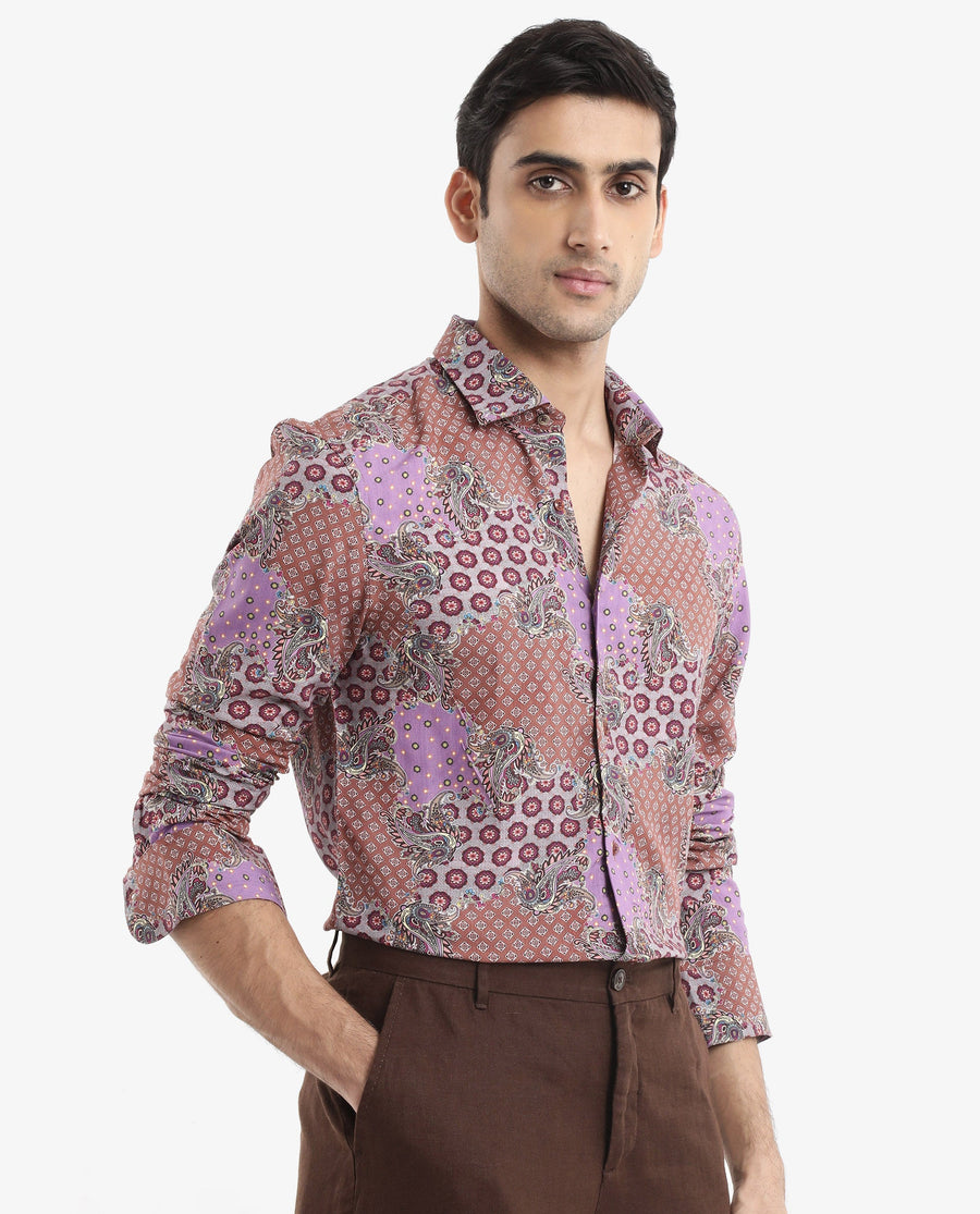 Rare Rabbit Men's Onslo Ls Brown Viscose Tropical Print Regular Fit Full Sleeve Collared Shirt