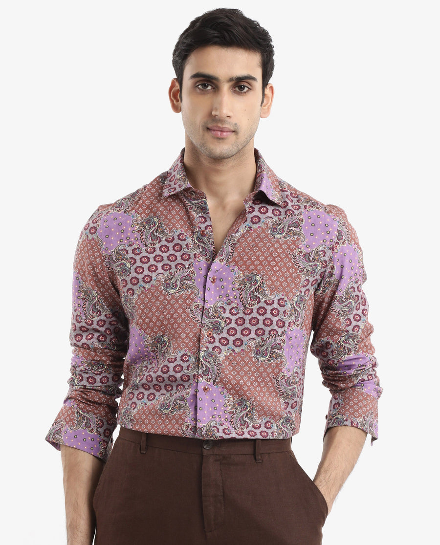 Rare Rabbit Men's Onslo Ls Brown Viscose Tropical Print Regular Fit Full Sleeve Collared Shirt
