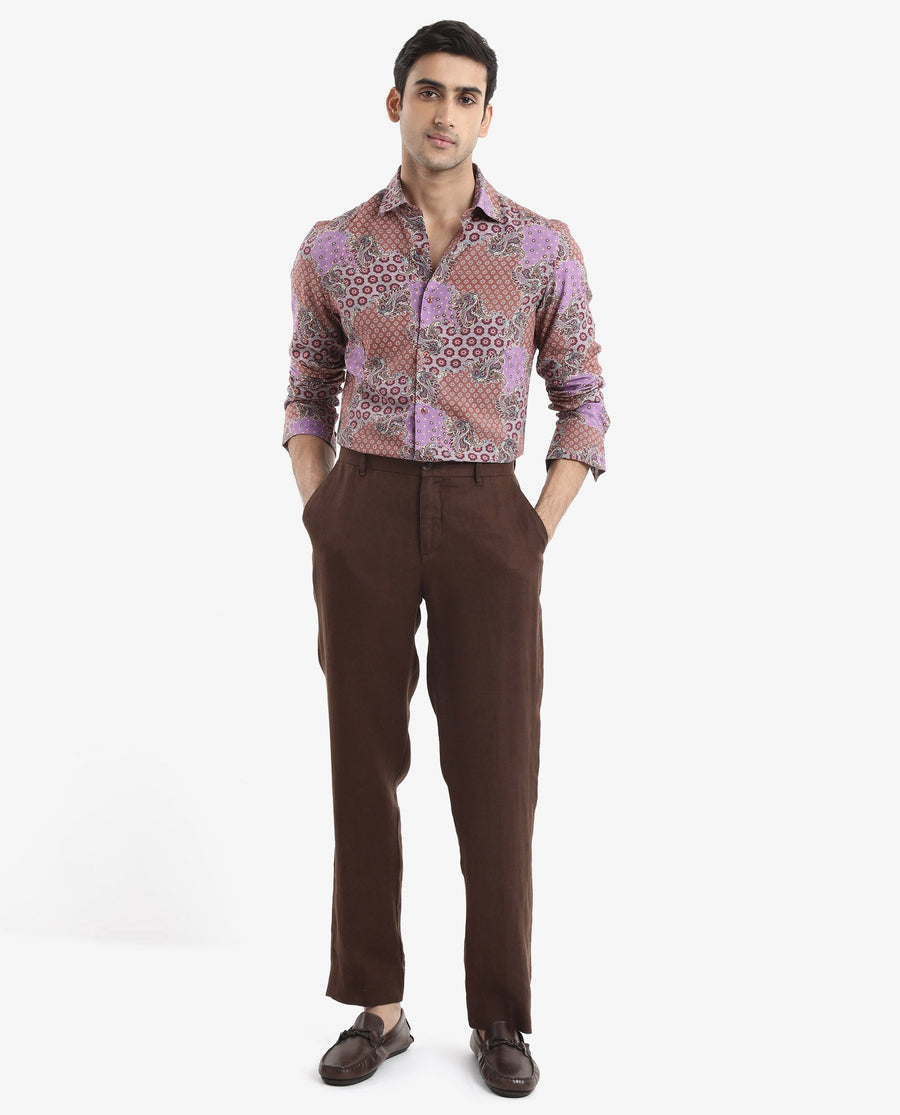 Rare Rabbit Men's Onslo Ls Brown Viscose Tropical Print Regular Fit Full Sleeve Collared Shirt