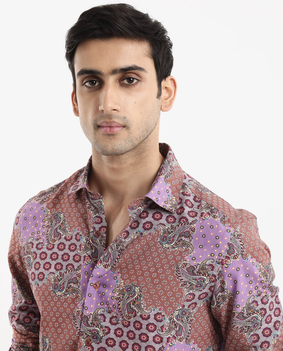Rare Rabbit Men's Onslo Ls Brown Viscose Tropical Print Regular Fit Full Sleeve Collared Shirt