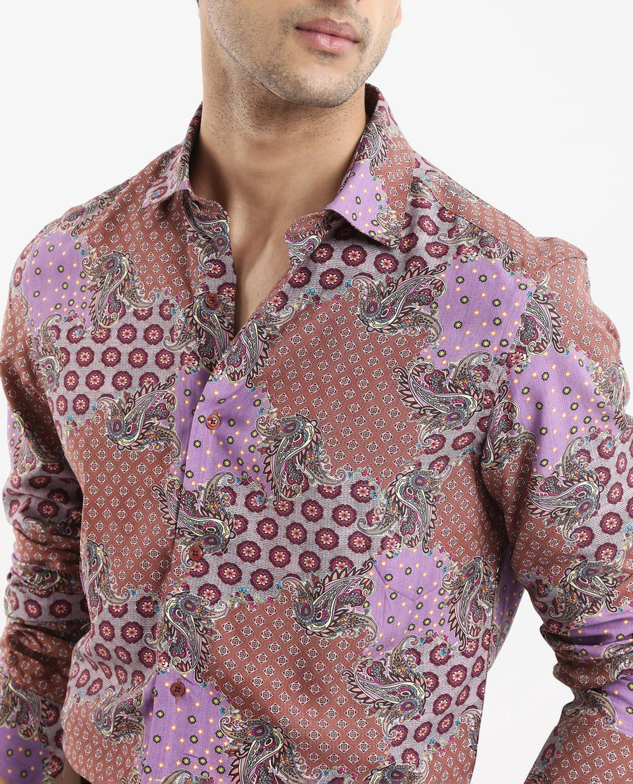 Rare Rabbit Men's Onslo Ls Brown Viscose Tropical Print Regular Fit Full Sleeve Collared Shirt