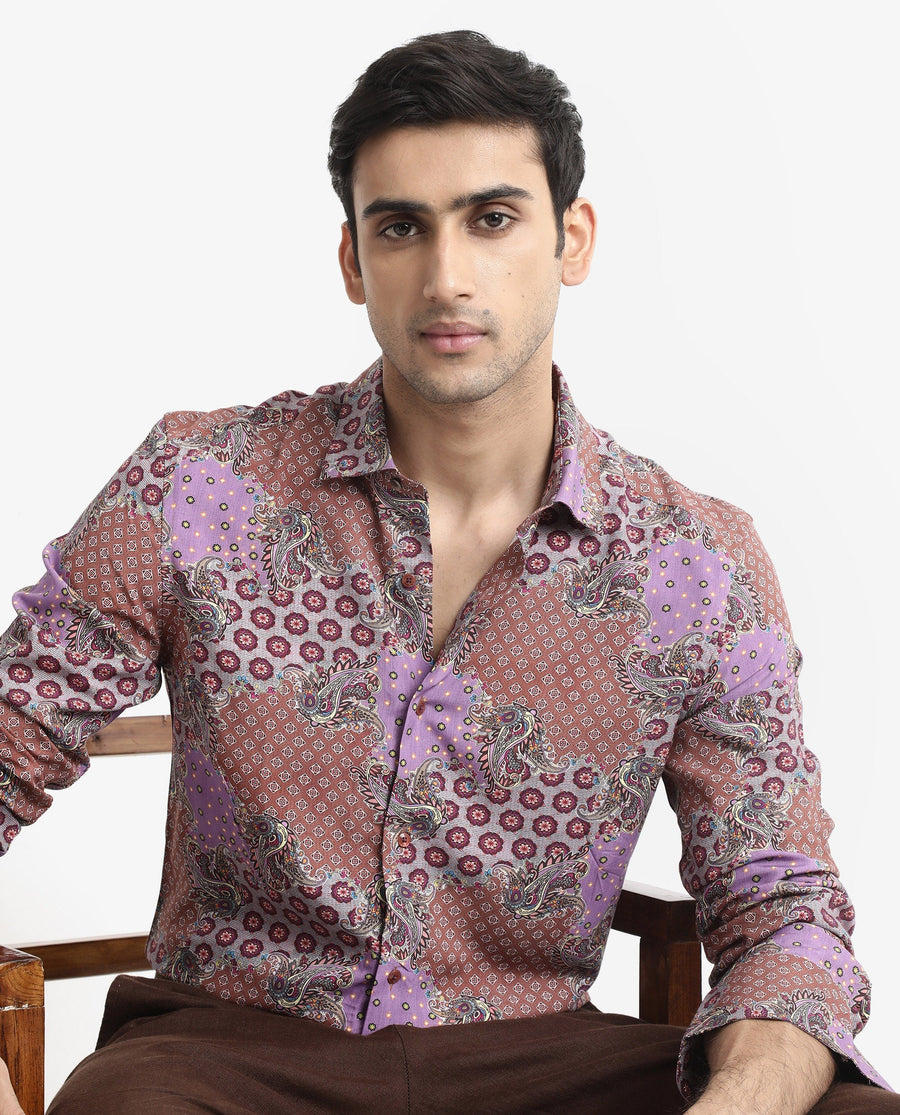 Rare Rabbit Men's Onslo Ls Brown Viscose Tropical Print Regular Fit Full Sleeve Collared Shirt